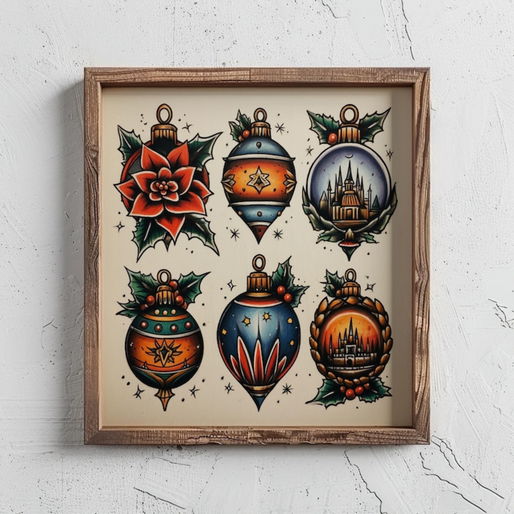Vintage Retro Wall Art Ornaments Print - Rustic Holiday Decor, Christmas Decorat